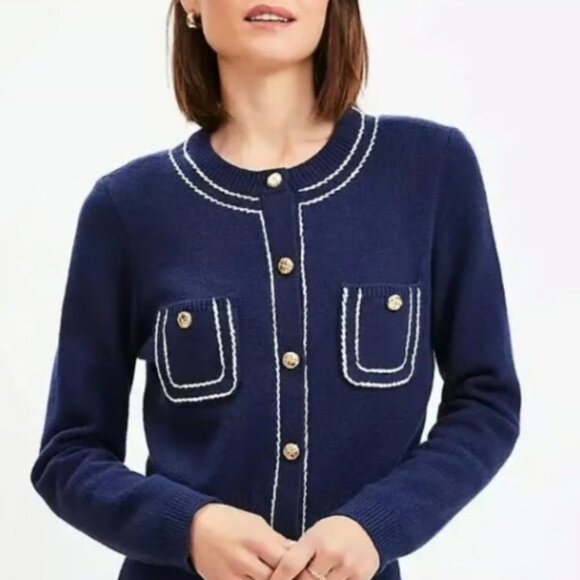 ANN TAYLOR LOFT NAVY WHITE TOPSTITCH CARDIGAN GOLD BUTTON SWEATER $99 S - Picture 1 of 7